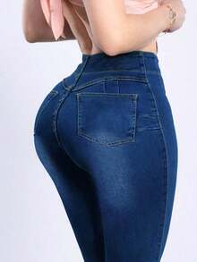 Jeans de talle alto, pantalones lápiz de ajuste ceñido para realzar la figura, adecuados para primavera y verano, vacaciones, festivales, vaquera, pantalones, salir, pantalones vaqueros de mujer, vaquera, jeans de mujer, casual con curvas - Azul - Ver 5