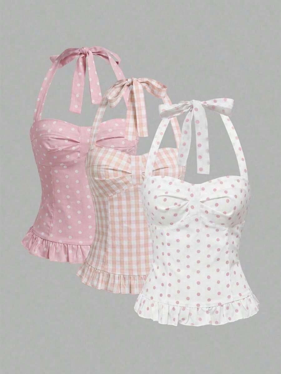Avant Conjunto de camiseta sin espalda con cuello halter de estilo romántico de vacaciones con lunares y cuadros para mujer - Rosa - Ver 1