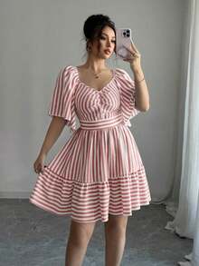 Elenzya Vestido de primavera y verano de talla media con rayas azules y blancas, manga corta, elegante y casual, con cintura ajustada para mujeres - Rosa - Ver 7