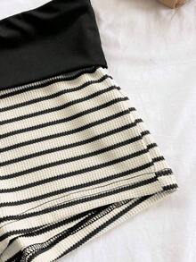 2 piezas Conjunto de camiseta de tirantes y pantalones cortos de punto a rayas con hebilla de metal, estilo casual de vacaciones, adecuado para fiesta, San Valentín, cita, discoteca, bohemio, vacaciones, otoño, ropa de mujer, vintage, días fest - Blanco y Negro - Ver 6