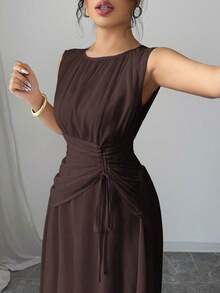 Vestido maxi casual, romántico, vintage y elegante de gasa para mujer con cordón en la cintura, para la playa, el té de la tarde, fiestas de noche, uso diario, sin mangas, de unicolor, vestido largo, primavera/verano - Marrón - Ver 5