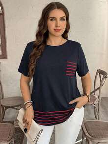 Camiseta casual de talla grande con bolsillo y rayas de contraste, prenda de vestir occidental estilo boho bohemio, top de festival de los 90, verano y primavera - Azul - Ver 5