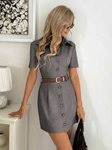 Vestido camisero de mujer de manga corta con rayas - Gris - Ver 8