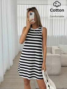 corto casual de mujer de cuello redondo sin mangas a rayas, para verano - Multicolor - Ver 2