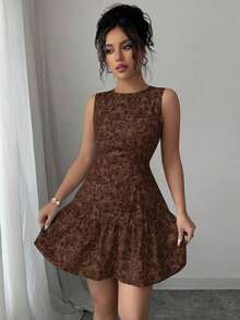 Vestido mini bohemio elegante francés con estampado floral sin mangas y cinturón para mujer, atuendo de graduación para primavera/verano - Marrón Mocha - Ver 5