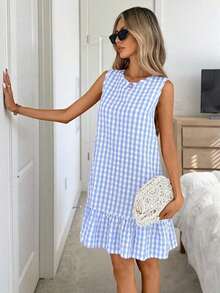 Vestido de verano estilo bohemio con cuello redondo sin mangas y corte evasé a dos colores a cuadros, vestido esencial para vacaciones y uso diario al aire libre - Azul y blanco - Ver 4