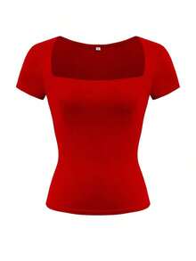 Camiseta de manga corta ajustada y sexy con cuello cuadrado de punto de unicolor para mujer Vaiaye, top de activewear para primavera/verano, adecuado para el Día de San Valentín en color rojo casual - Rojo - Ver 3
