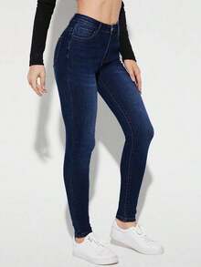 Jeans vaqueros de mujer ceñidos con bolsillos, informales y versátiles - Azul lavado oscuro 3 - Ver 5