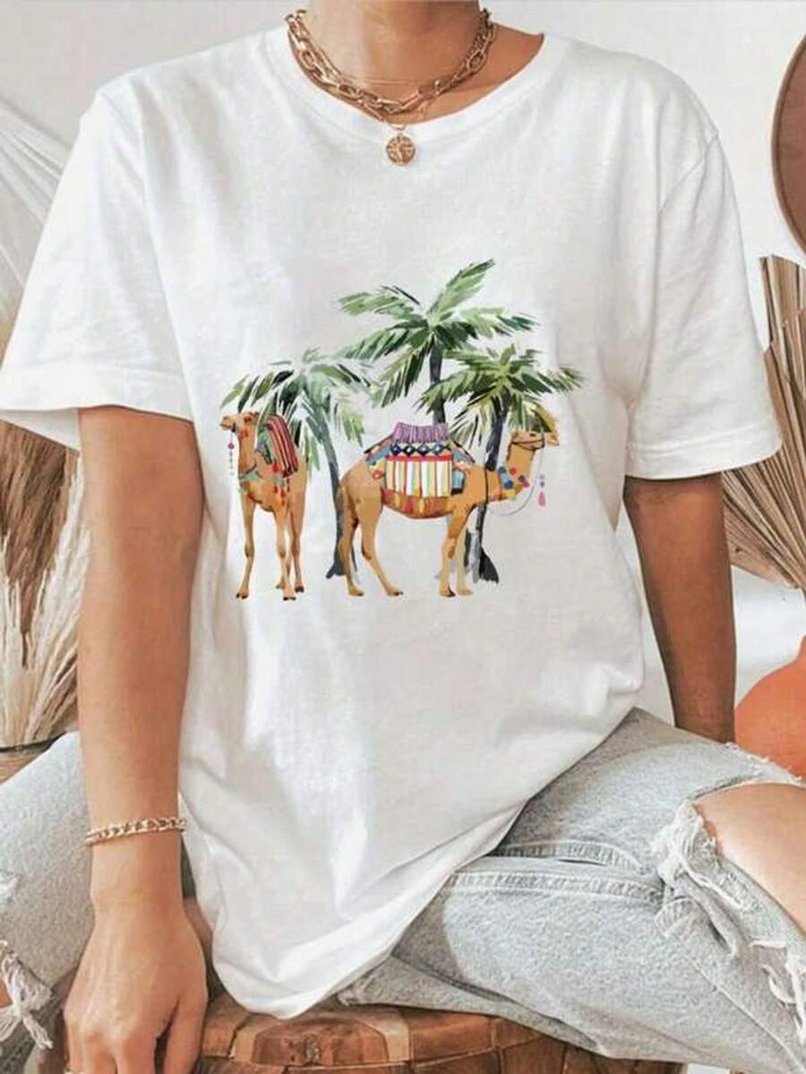 Camiseta de mujer de manga corta con cuello redondo y estampado, casual y cómodara atuendo informal, combinación de estampado y cuello redondo cómodo, tu elección perfectara eerano