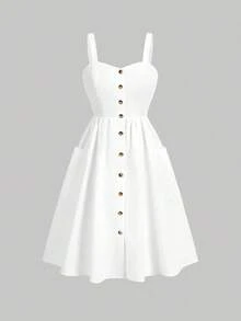 Vestido casual de tirantes con bolsillo y diseño de botones de unicolor para mujer - Blanco - Ver 6