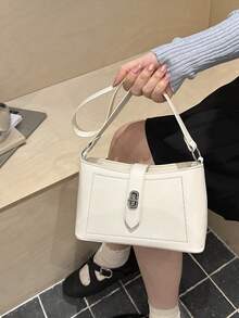 1个女士白色极简PU腋下包，金属扣带设计复古法棍单肩包，多功能通勤斜挎包 - 白色 - 查看 3