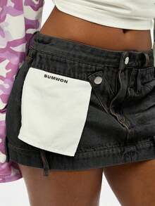 Falda mini de mezclilla desestructurada  WOMEN Y2K, con parches blancos, estilo utilitario, para festivales, ropa urbana, desgastada, de cintura alta y con borde sin rematar. - Lavado oscuro - Ver 8