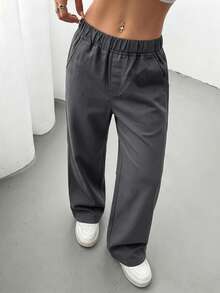 1pc Teen Girl Minimalist Loose Outdoor Sports Workout Personalized Solid Color Straight Leg Long Pants, Suitable For Spring Summer Autumn Winter, Back To School Season - Dark Grey - View 3