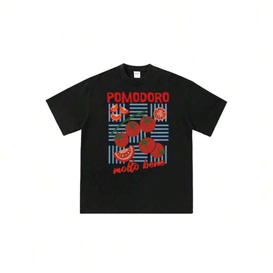 Unisex T-Shirt With Cartoon Print Of Pomodoro-Tomato-Italian-Kitchen-Art Trendyss Anime, Urban And Casual Summer Style. - 黑色 - 查看 1
