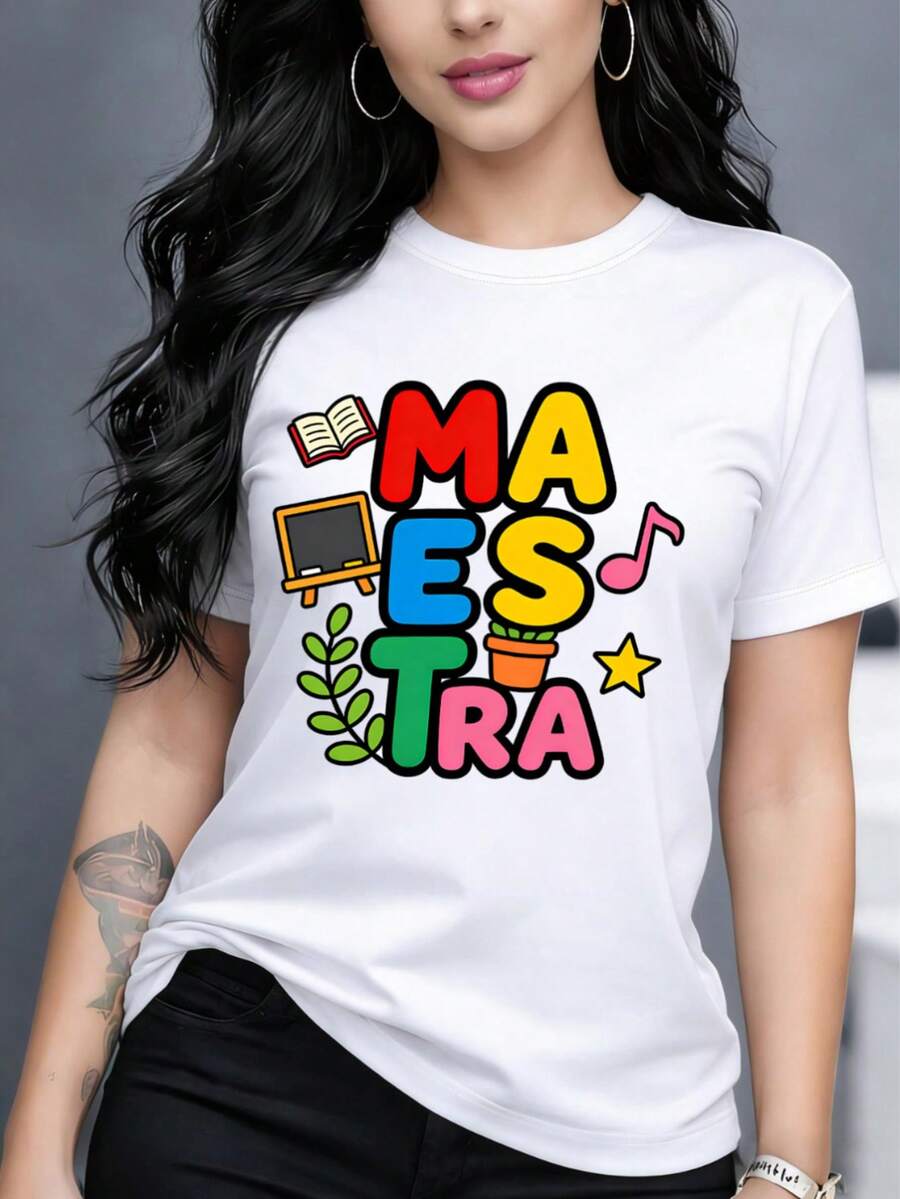 Mujer 002|Camiseta Gráfica Casual Divertida de Maestra para Mujer, Top de Cuello Redondo, Diseño Creativo, Conjunto de Moda - Negro - Ver 1