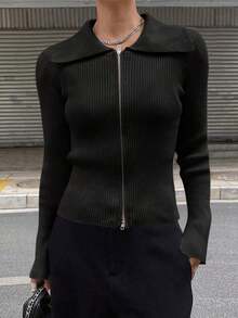 Chaqueta de punto con cremallera de unicolor casual de negocios para mujer - Negro 2 - Ver 3