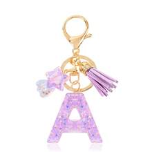 1 Pc Cute Purple Glitter Letter Keychain, Initial Resin Keyring With Tassel & Star Charm, Fashion Aesthetic Purse & Car Key Accessory - Purple - View 18