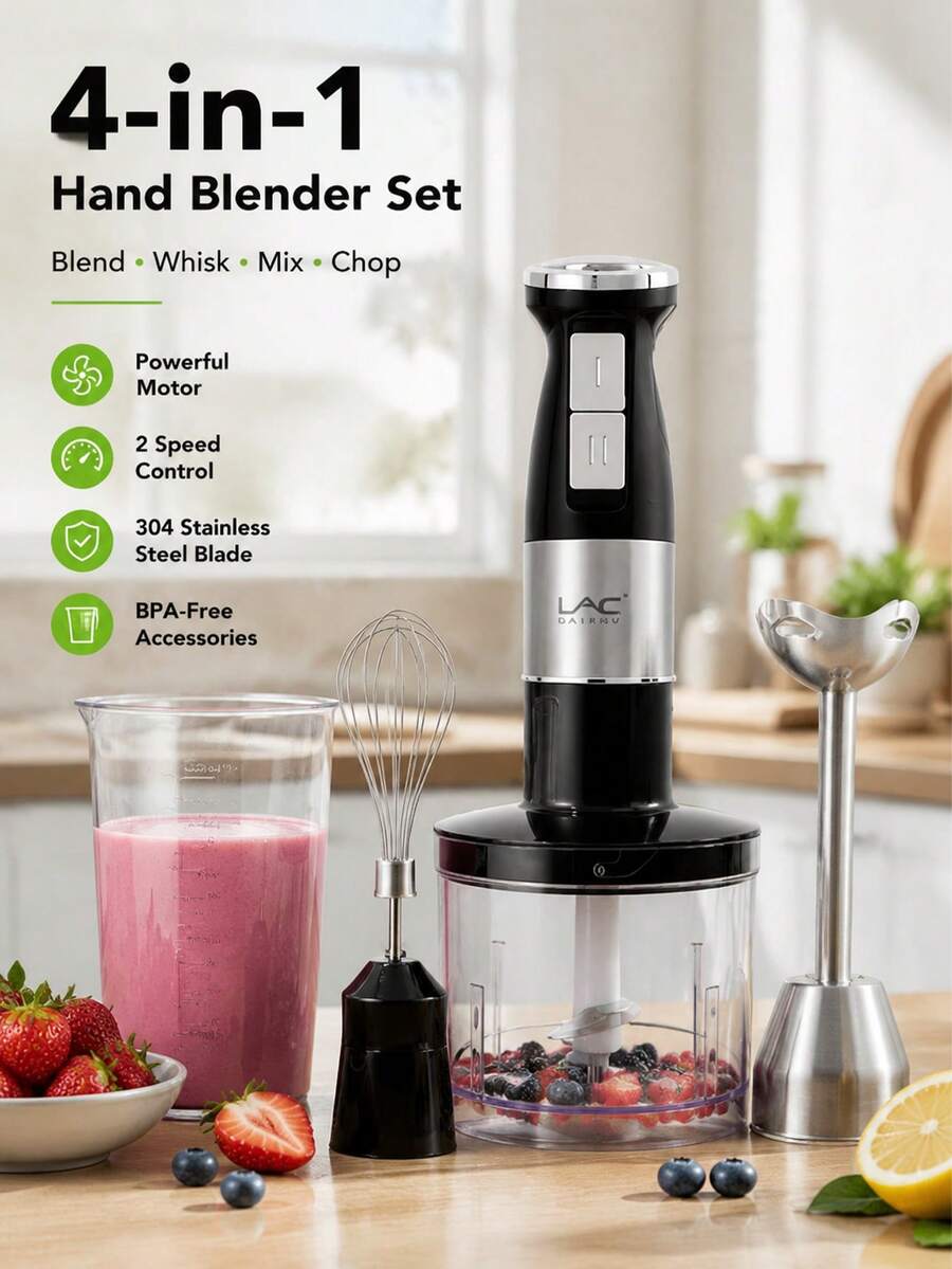 LAC 1pc European Plug Electric 4-In-1 Handheld Immersion Blender Set, Dual Speed Mixer With Food Chopper, Milk Frother, Whisk, Smoothie Maker For Home - EU C Type Plug(220-240V) - View 1