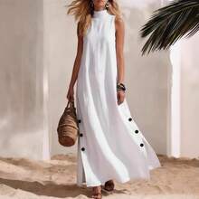 Vestido de Verano 2026 de Nueva Colección para Mujer, Estilo Europeo y Americano, de Lino y Algodón, Color Sólido, Sin Mangas, con Abertura Lateral, de Longitud Media, para Vacaciones en la Playa - Verde militar - Ver 4
