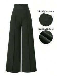 Pantalones anchos de cintura alta de unicolor de uso casual para mujeres - Verde militar - Ver 1