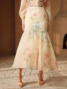 Falda elegante y romántica con estampado floral fresco y volantes en el bajo, de corte de sirena, para mujer, de , para primavera/verano - Albaricoque - Ver 5