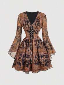 MOD Vestido corto de mujer con estampado retro vintage - Marrón - Ver 10