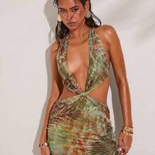 1 Piece Spring And Summer Tropical Plant Mesh Print Sexy Hollow Low Waist Mini Dress Suitable For Club Island Vacation Outfits, Honeymoon Outfits Woman, Pool Party Outfit Vacation Outfits Woman  Ibiza Outfit, Holiday,  Festival, Vacation Beachwear, Beach,Bohemian Clothes - Rojo - Ver 7
