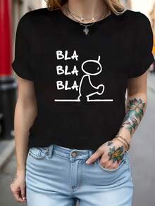 Camiseta para mujer con estampado de letras Bla Bla Bla - Top de manga corta y cuello redondo compatible con blusa con texto Bla Bla Bla, estilo blusa casual de elasticidad media para atuendos de primavera y verano, ropa de blusa lavable aáquina para atuendo casual - Negro - Ver 6