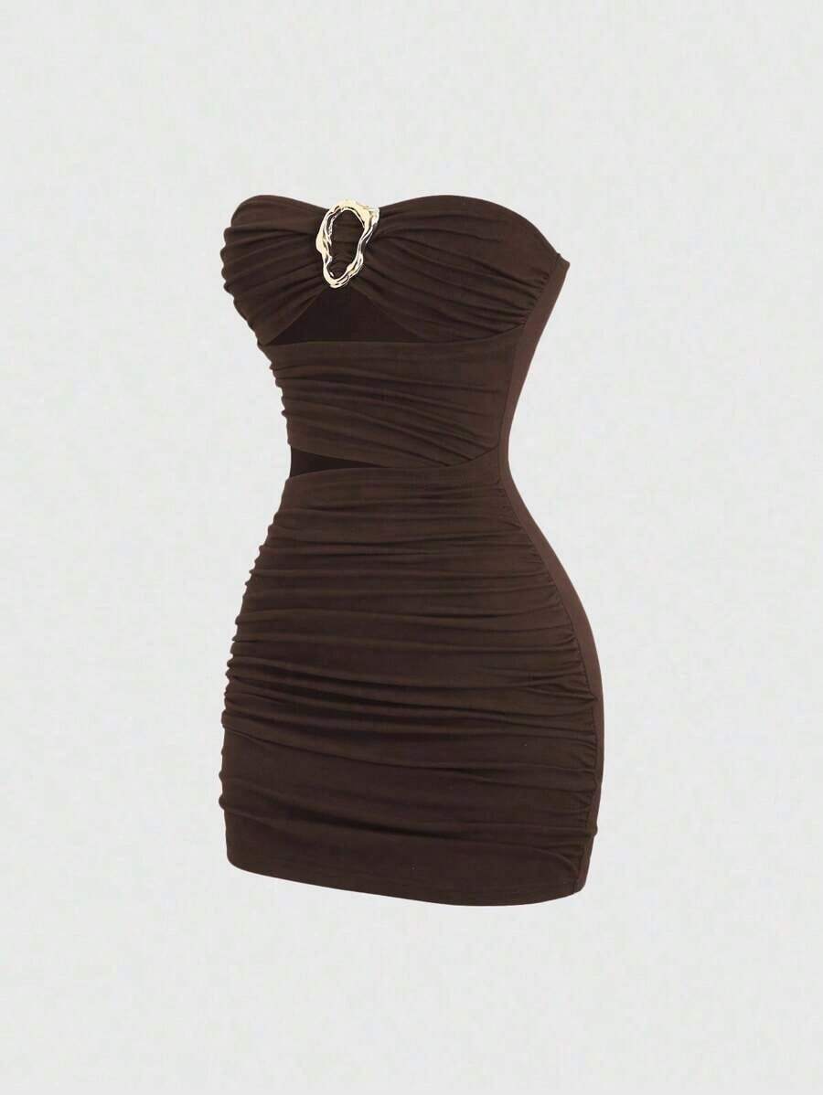 Vestido mini ajustado y sexy sin tirantes con hebilla de metal para mujer - Marrón Mocha 2 - Ver 1
