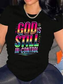 Camiseta de mujer cómoda, de cuello redondo, casual, de mezcla de algodón, de manga corta, suave y transpirable, estilo urbano de primavera/verano, blusas para mujer, camisetas gráficas de verano para mujer, camisa casual estampada, de manga corta y cuello redondo, moda urbana local de primavera/verano. - Negro - Ver 1
