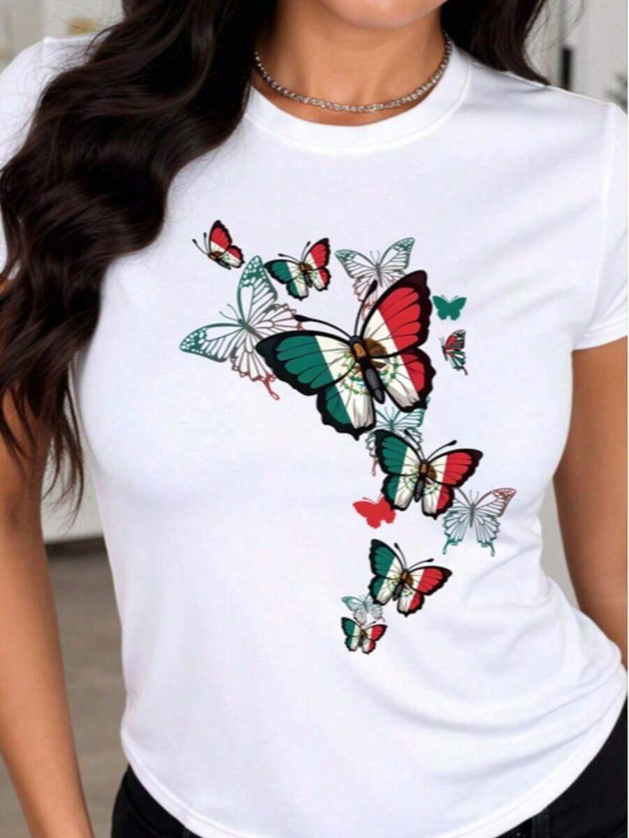Playera de manga corta 2026, cuello redondo, estampado gráfico VIVA MÉXICO, algodón puro, estilo casual moderno, moda fresca, para uso diario, al por mayor, camiseta a bajo precio. - Blanco - Ver 1