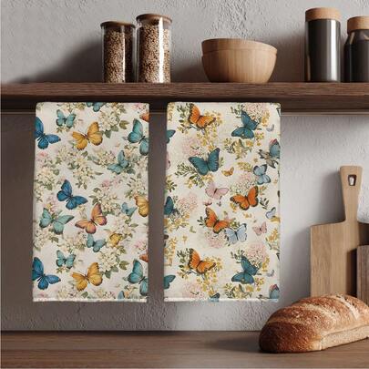 2pcs Watercolor Butterfly & Floral Pattern Kitchen Towels, 40*60cm Super Absorbent Microfiber Dish Cloths, Decorative Hand Towels, Housewarming Gifts, Suitable For Kitchen & Bathroom, Great For Homemakers And Family Gatherings, High Cost-Effective Household Essential