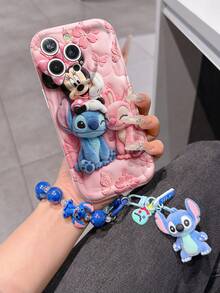 Disney Lilo & Stitch Phone Case With Stitch, Angel And Minnie Charm And Stitch Lanyard - Cute Stitch, Angel And Minnie Protective Case With Pink Floral And Butterfly Background Design, Equipped With Delicate Stitch Decorative Lanyard And Beaded Bracelet For Easy Carrying, Compatible With IPhone 17, 16, 15, 14, 13, 12, 11 Pro Series, Ideal For Birthdays, Holidays, Anniversaries, Graduation Gifts, Or Any Special Occasion To Surprise Family, Friends, Classmates, And Loved Ones. - White - View 3