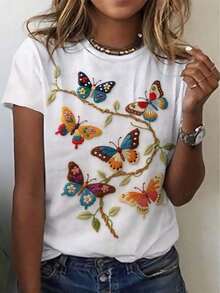 Solt Camiseta de manga corta con estampado de mariposas estilo bosque, cuello redondo, corte holgado, color blanco, estilo artístico retro y delicado, diseño único.camisas de mujer  blusas para mujer   blusas casuales para dama graphic - Blanco - Ver 7