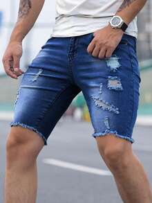 Men's Fashionable Distressed Frayed Hem Elastic Denim Capri Pants - Blue - View 3