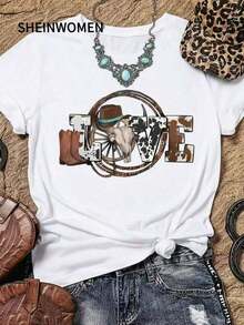 Soft Women's Summer Casual Shirt, Loose Fit, Denim Style, LOVE Print, Round Neck, Short Sleeve, Ideal For Spring And Summer Outdoor Parties, Limited Time Offer, Women's Warm Clothing - 白色的 - 查看 7