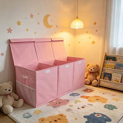 3-Grid Extra-Large Children's Toy Box, Storage Box, Foldable And Sturdy Storage And Organizing Box With Mesh Pockets, Size 40 Inches *14 Inches *16 Inches, Storage Basket, Pink, Holiday Gift, Suitable For 16 Scenarios
