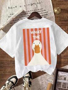 Camiseta Premium para Mujer, Casual, Cuello Redondo, Manga Corta, Estampado de Pato, Tejido de Punto, Corte Regular, Ecológica - Blanco - Ver 3