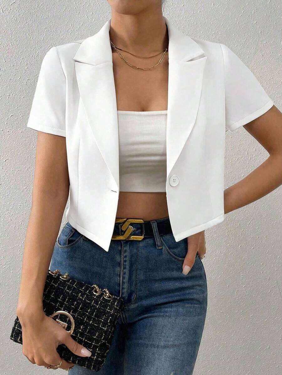 Blazer de mujer de unicolor con un solo botón y manga corta, para uso casual en verano - Blanco - Ver 1