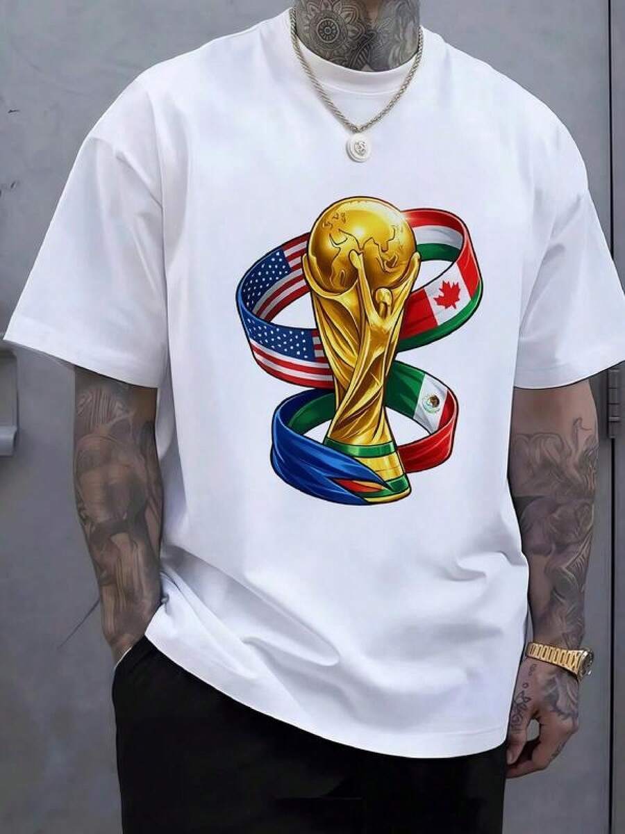 Trofeo dorado rodeado por cintas con las banderas de México Estados Unidos y Canadá símbolo de unión deportiva y espíritu mundialista Camiseta de hombre 100% algodón - Negro - Ver 1