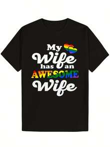 Camiseta BTQ Pride pararejas Gay y Lesbiana | Mi Esposa Tiene una Esposa Increíble Diseño de Boda Arcoíris - 100% Suave Uni S-5XL - Cuello Redondo, Corte Regular, Manga Corta, Patrón Geométrico, Estilo Casual para Todas las Estaciones - Negro - Ver 2