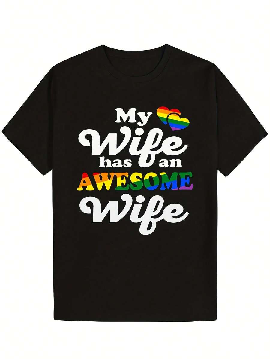 Camiseta BTQ Pride pararejas Gay y Lesbiana | Mi Esposa Tiene una Esposa Increíble Diseño de Boda Arcoíris - 100% Suave Uni S-5XL - Cuello Redondo, Corte Regular, Manga Corta, Patrón Geométrico, Estilo Casual para Todas las Estaciones