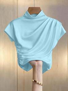 Camiseta blanca de manga corta ajustada con pliegues de unicolor y versátil para mujer - Azul - Ver 4