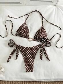 Bộ đồ bơi 2 mảnh gợi cảm, thời trang, trẻ trung, tối giản, rực rỡ và dễ thương dành cho nữ, thích hợp cho kỳ nghỉ biển, du lịch, tiệc tùng, họa tiết chấm bi đỏ, điểm nhấn vàng, kiểu buộc dây cổ, hàng mới về mùa xuân/hè. - Màu nâu với chấm xanh - Xem 2