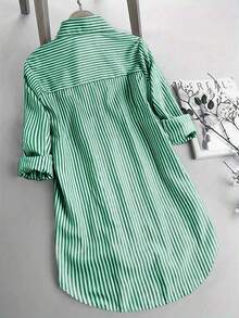 Camisa de mujer de solapa única con rayas y bajo irregular, blusas de manga larga - Verde - Ver 2