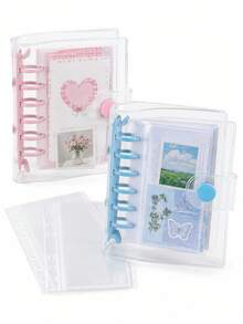 71pcs Mini Transparent PVC Binder Set, Cute Transparent Binder, Detachable Loose-Leaf Diary Notebook, 6-Ring Transparent Loose-Leaf Diary Notebook, Cute Snap Ring Binder, Cute Stationery, Back To School, Portable Pocket Diary Notebook, Ideal For Scrapbooking And Daily Recording - Blue and Pink Binder Set - View 9