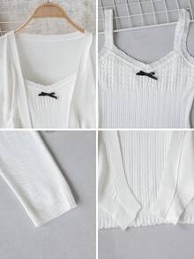 Bộ 2 món áo hai dây dệt kim + áo khoác cardigan ngắn cho nữ, kiểu dáng dễ thương ngọt ngào như nàng tiên, áo cardigan dệt kim dài tay màu trắng, áo hai dây dệt kim thắt nơ, trang phục layering ôm sát dáng người nhỏ nhắn với họa tiết rỗng. - trắng - Xem 11