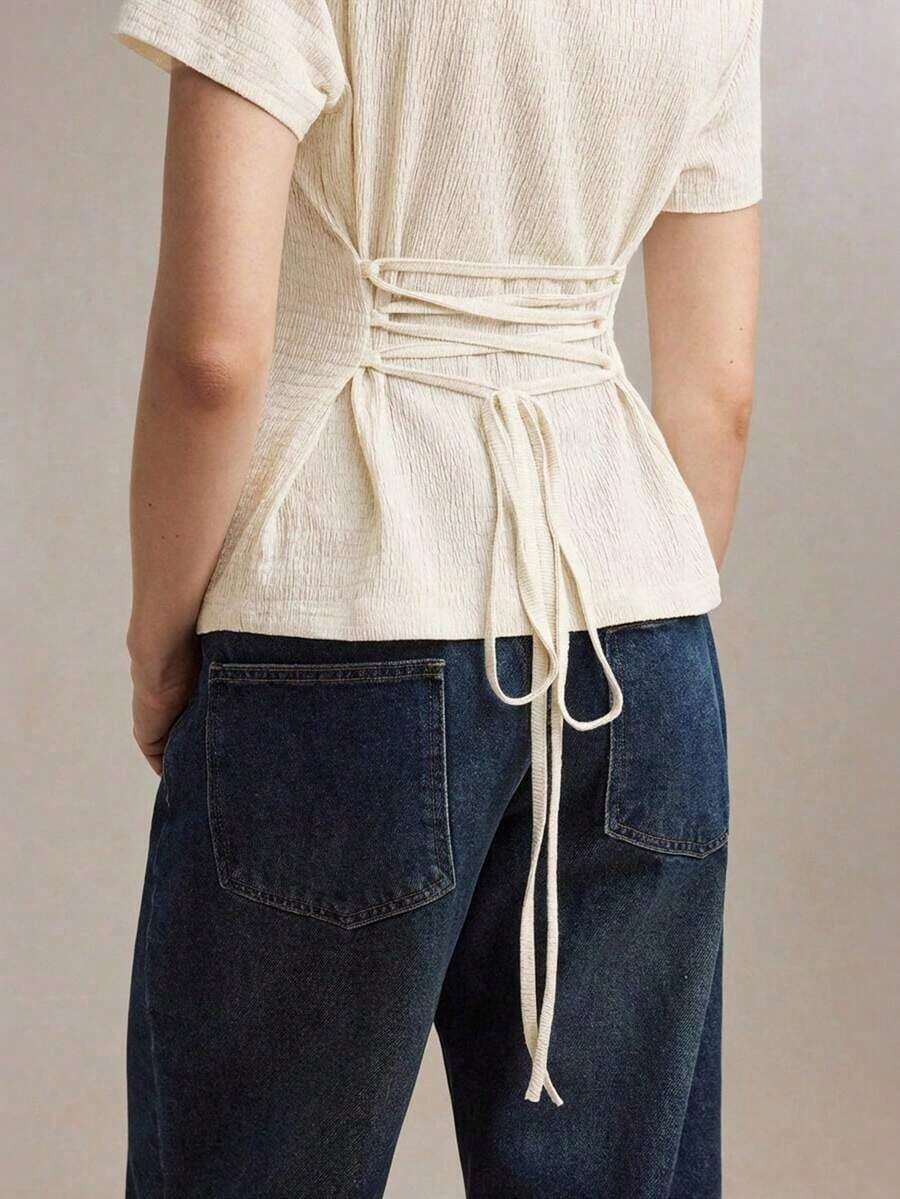 llegado de primavera/verano Camiseta de cuello barco en marfil, diseño de ribete en contraste negro, tejido texturizado, lazo de cintura ajustable, versátil para oficina, viajes, negocios, eventos sociales, formales, Día de la Madre, fiestas - Albaricoque - Ver 1