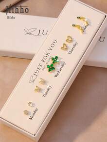 Hihho 5 Pairs Of Exquisite Creative Earring Set, Featuring Designs Like Clover, Butterfly, Heart And More, Versatile For Daily Matching, Warm Gold Tone With Zirconia And Colorful Gems Accents, Gift Box Packaging With Ceremonial Feel, Ideal For Everyday Wear And Holiday Gifting - Earrings Set - View 3