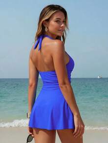 Traje de baño de una pieza con decoración metálica asimétrica con diseño de nube, adecuado para vacaciones en la playa en verano, color negro - azul real - Ver 2